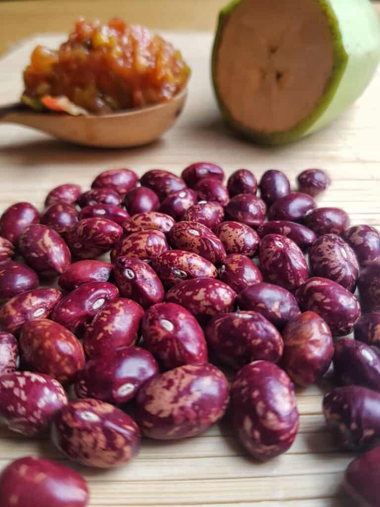 Handful of uncooked red colombian beans with the other ingredients green plantain and hogao in the background