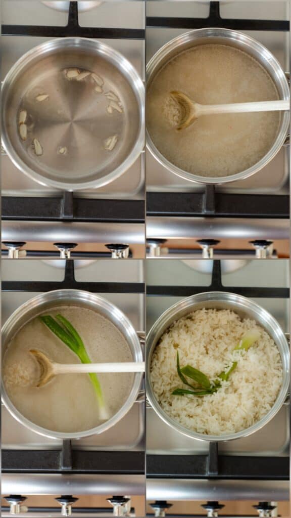 foto con 4 pasos de preparar arroz blanco