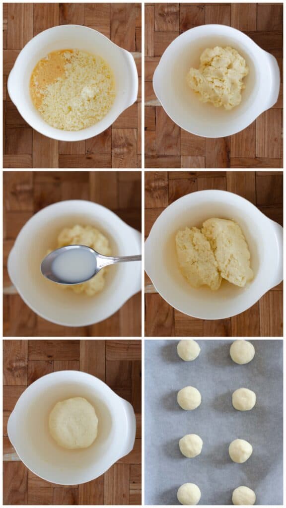 a collage of six pictures with the different steps to making almojabanas