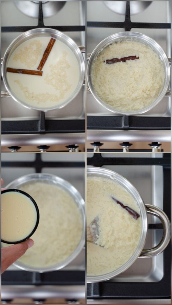 collage of the 4 steps to make colombian arroz con leche