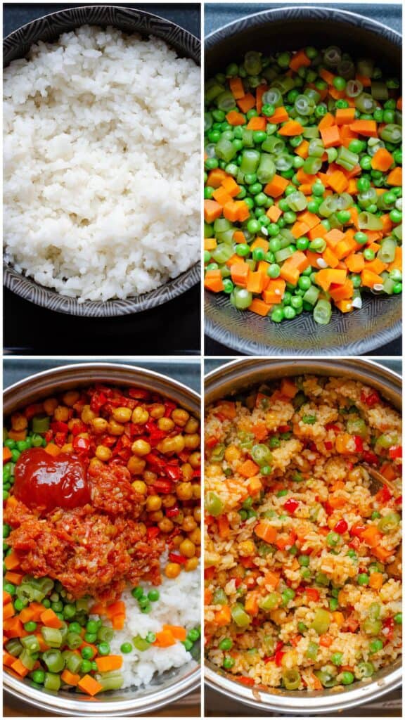 4 steps with instructions how to cook the rice with vegetables