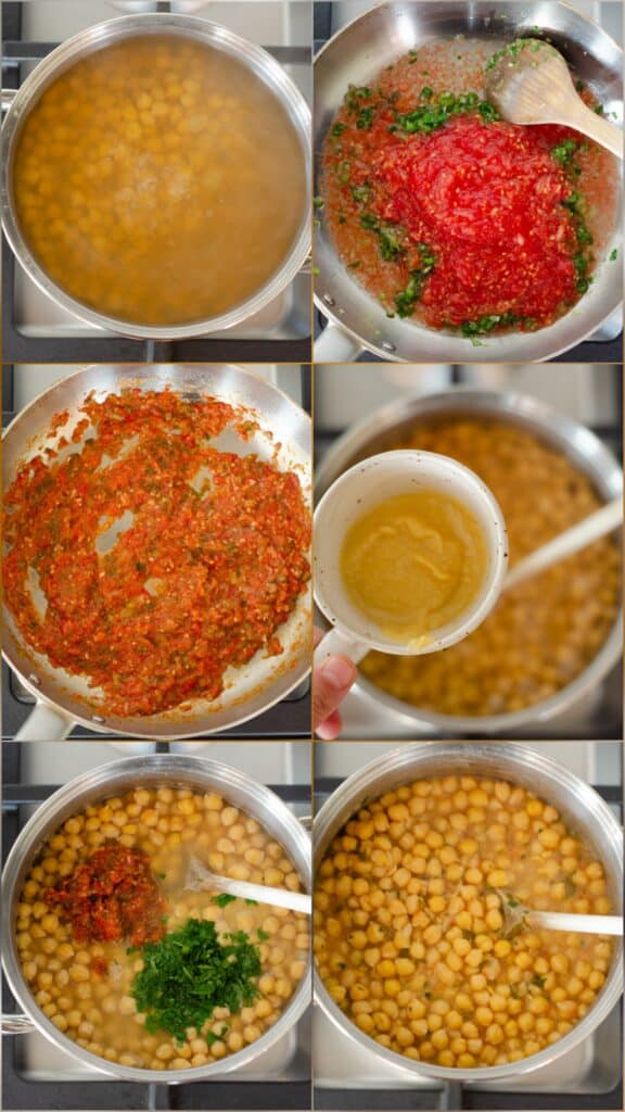 seis fotos collage con los instrucciones paso a paso para preparar los garbanzos