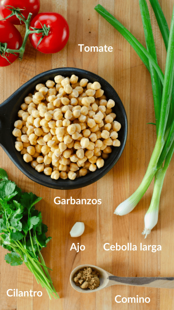 foto con los ingredientes de los garbanzos guisados: garbanzos, tomate, cebolla larga, ajo, comino, cilantro,