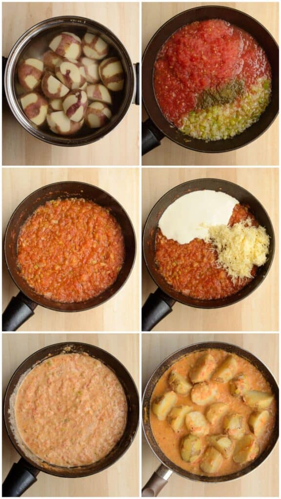 Collage with the 6 steps of making the papas chorreadas