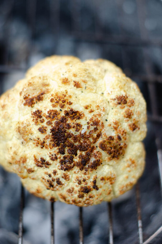 the roasted cauliflower on the BBQ grill