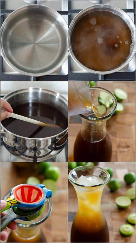 collage of the six steps of making limonada de panela iced panela