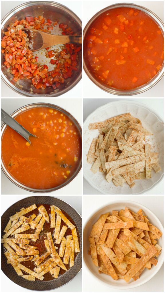 six steps of preparing the soup in one foto, explanation below