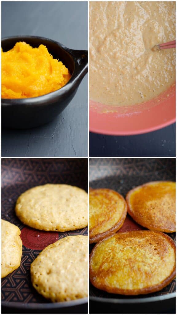 1 foto with 4 steps of making vegan caribbean pumpkin pancakes