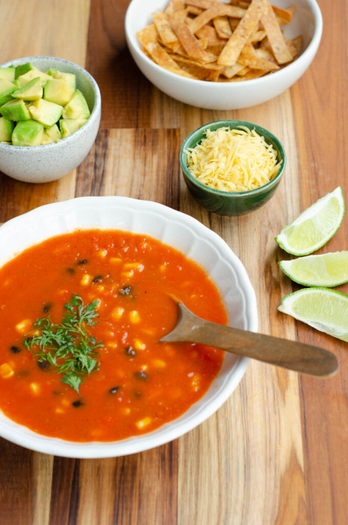 soup bowl with mexican soup with the toppings tortilla strips, cheese and avocado in seperate bowls
