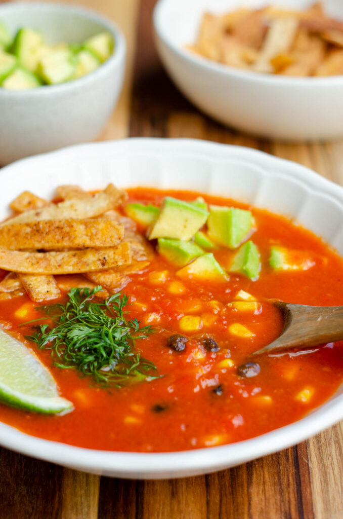 bowl of the mexican soup with toppings cheese, tortilla strips, avocado, cilantro, and avocado and tortilla strips in the background