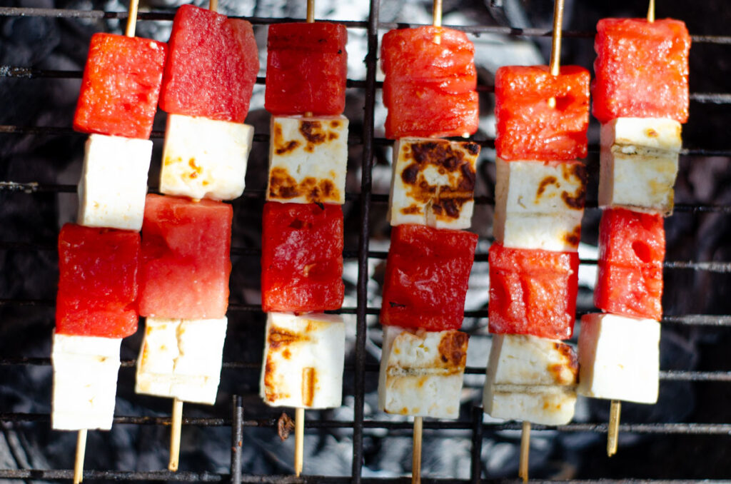 grilled skewers with white cheese and watermelon on the bbq