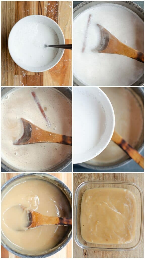 6 steps of making the cornstarch pudding in one photo