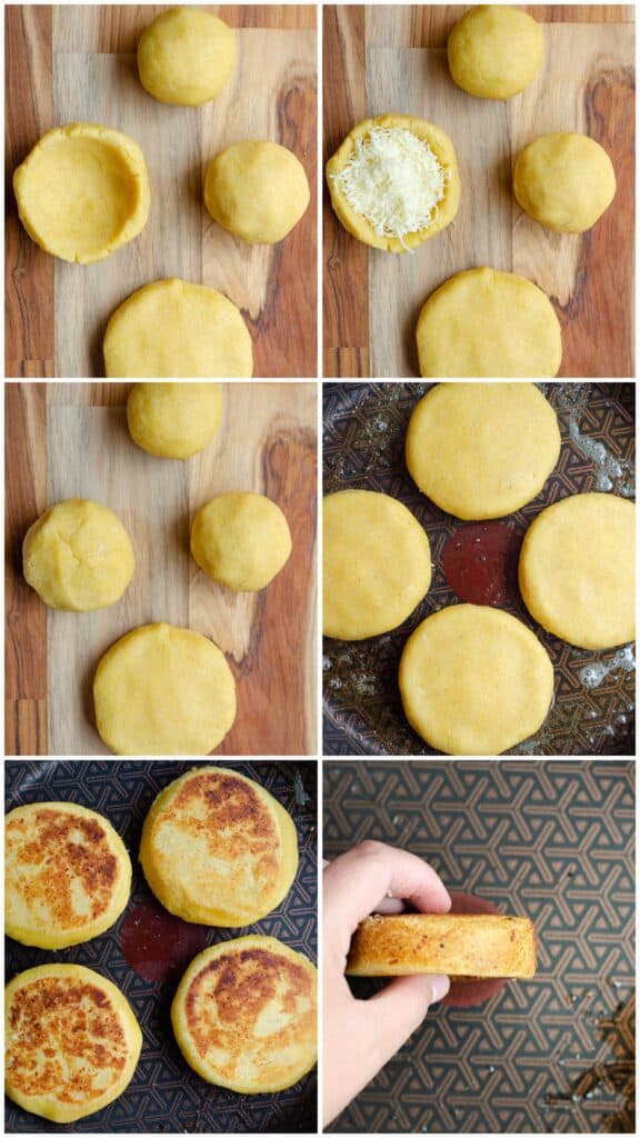 6 steps of shaping and baking arepas boyacenses in 1 picture