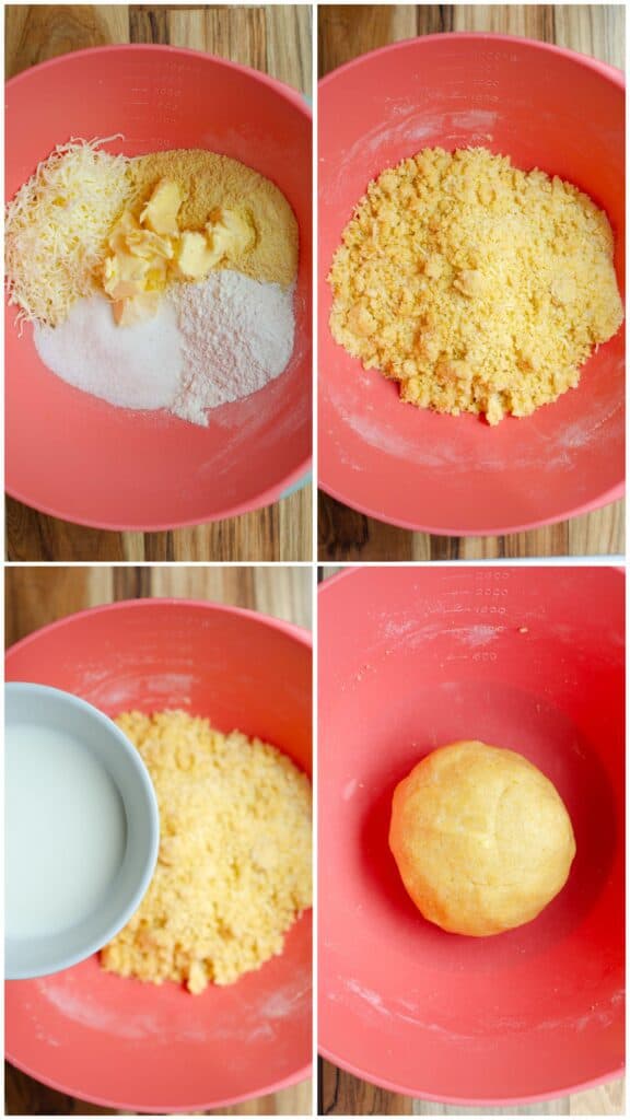 4 steps of making the arepa dough in one picture